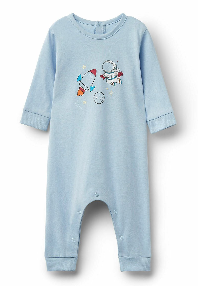 Světle modrý bavlněný overal s dlouhými rukávy, patentkami v dolní části a ilustracemi rakety a astronauta se hvězdami.