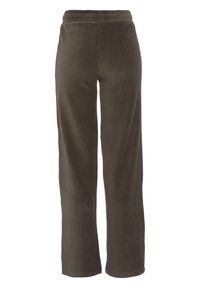 Dark olive corduroy trousers with a wide leg design, featuring vertical ribs, a stretchy waistband, and no visible fastenings.