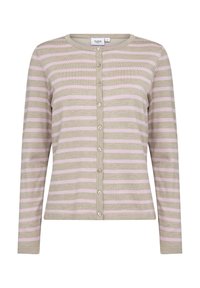 Ljusbeige cardigan med lila horisontella ränder, rund halsringning och knappstängning. Mjukt stickat material med standardlånga ärmar.