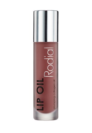 Lippenöl in einer frosted Glasflasche mit mattem Braun-Finish, einem silbernen Deckel und auffälligem schwarzen Text "LIPPENÖL Rodial".