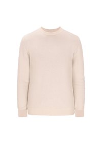 Maglione beige chiaro con scollo rotondo, maniche lunghe e polsini a costine. Realizzato in un tessuto morbido e dalla superficie liscia.