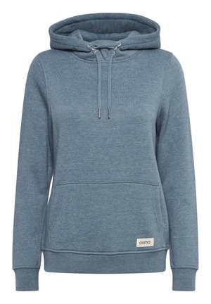 Hooded sweatshirt in soft blue fabric with a front pocket. Features adjustable drawstring, ribbed cuffs, and a small label on the hem.