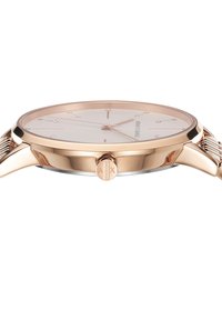 Rose gold metal wristwatch with a smooth round case, white dial, rose gold hands, and crystal hour markers. Includes a textured strap.