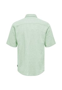 Chemise décontractée à manches courtes vert clair avec col, vue de dos, avec empiècement droit et texture subtile.