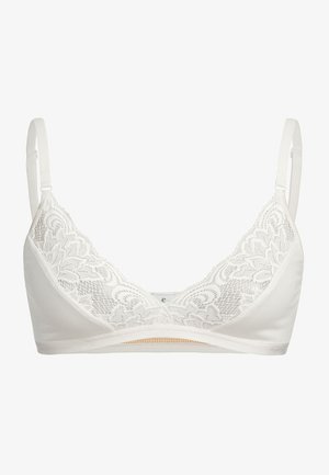 Witte kanten bralette met zachte cups, florale kantdetails bovenaan, verstelbare bandjes en een naadloos ontwerp. Gemaakt van een zachte, rekbare stof.