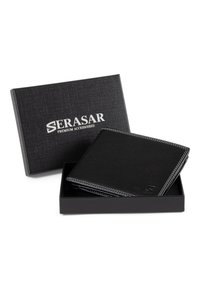 Black leather wallet with white stitching, square shape, inside a black textured box labeled "SERASAR PREMIUM ACCESSORIES."