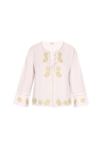 Weiße Bluse mit goldenen Blumenstickereien und einem Schnürkragen, mit langen Ärmeln und dekorativen Nähten am Saum und an den Manschetten.