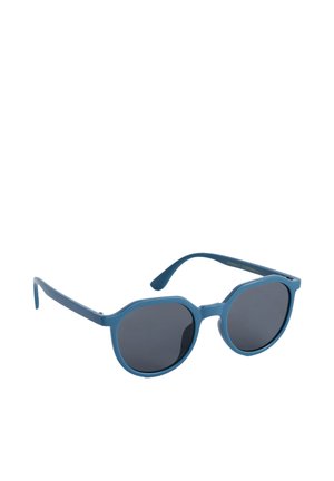 Modré okrúhle slnečné okuliare s tmavými tónovanými sklami a tenkými rúčkami, zobrazené na bielom pozadí.
