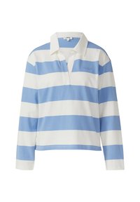 Langärmliges Rugby-Shirt mit breiten horizontalen hellblauen und weißen Streifen, weißem Kragen und einer teilweisen Frontöffnung.