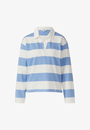Long-sleeve rugby shirt with wide horizontal sky blue and white stripes, white collar, and a partial front opening.