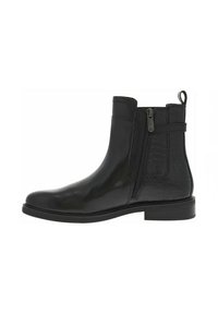 Bottine en cuir noir avec une finition lisse, fermeture éclair latérale et accent en texture crocodile. Design à bout arrondi et talon bas.