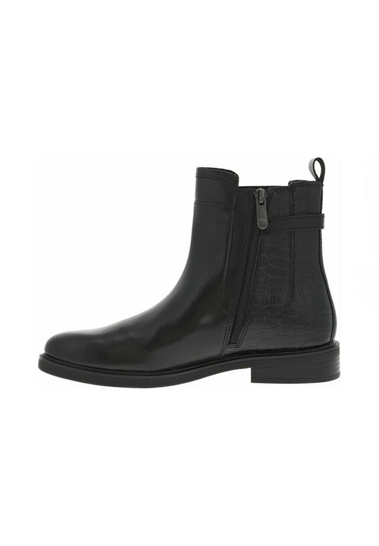 Bottine en cuir noir avec une finition lisse, fermeture éclair latérale et accent en texture crocodile. Design à bout arrondi et talon bas.