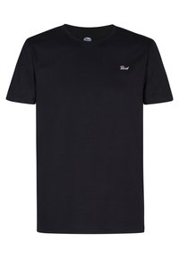 T-shirt nera a maniche corte in cotone. Presenta un collo rotondo e un piccolo logo bianco sul lato sinistro del petto. Texture liscia, vestibilità regolare.