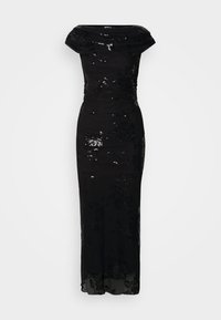 Melna vakara kleita ar plecu nobīdītu dizainu, rotāta ar spīdīgām ziedu lelēm un pieguļošu siluetu, beidzoties līdz potītei.