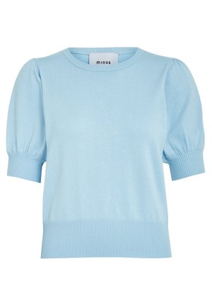Light blue short-sleeve sweater with a round neckline. Features ribbed cuffs and hem, soft knit texture, and slightly puffed sleeves.