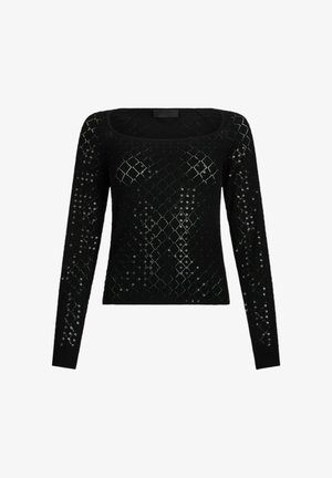 Zwarte trui met lange mouwen, een vierkante halslijn, een diamanten patroon van pailletten en een aansluitend design. Zachte textuur met geribbelde boorden.