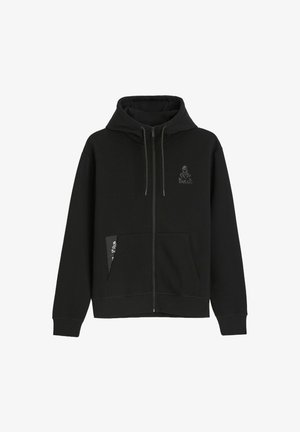 Czarna bluza z kapturem na zamek błyskawiczny, z troczkami, przednimi kieszeniami oraz małym logo Dakar na klatce piersiowej i krawędzi kieszeni.