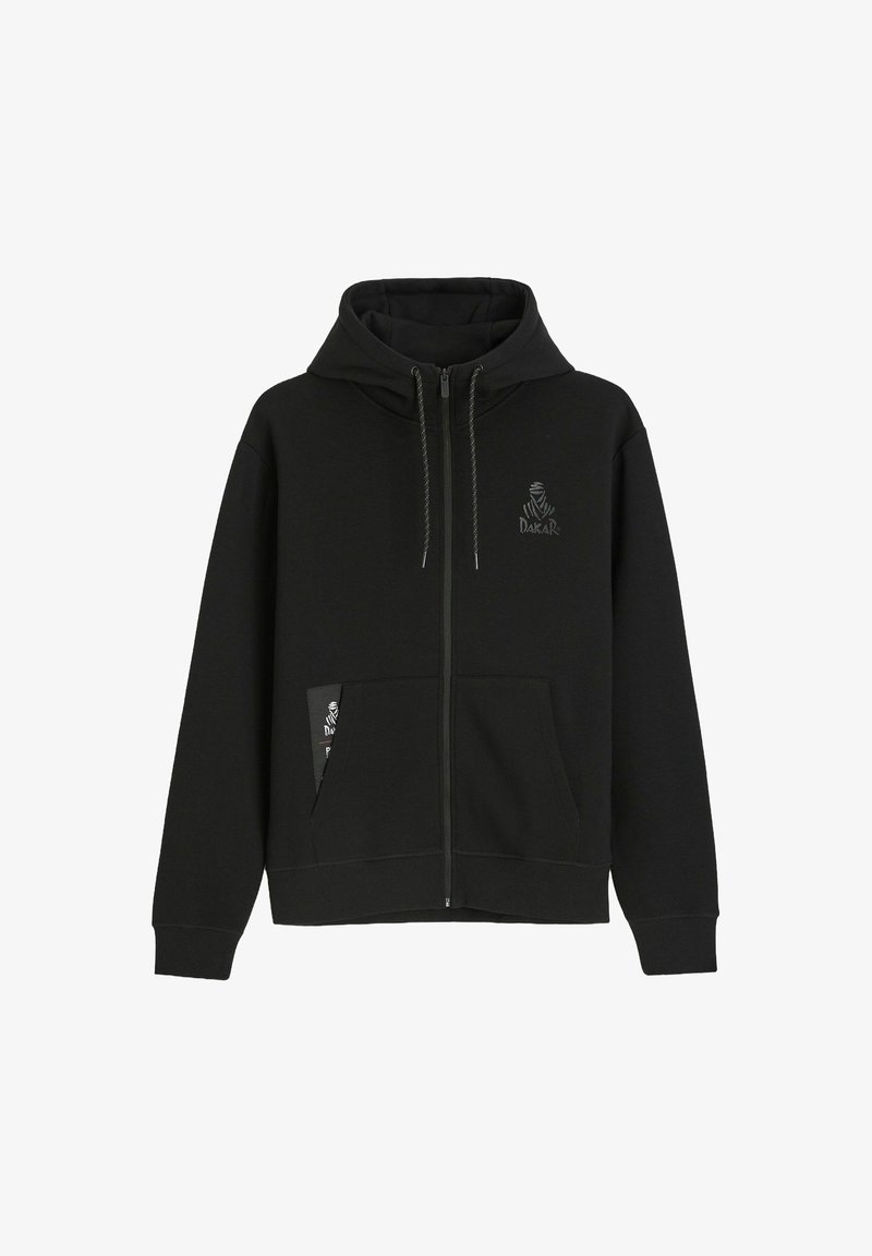 Czarna bluza z kapturem na zamek błyskawiczny, z troczkami, przednimi kieszeniami oraz małym logo Dakar na klatce piersiowej i krawędzi kieszeni.