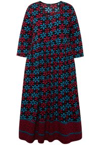 Abito maxi a maniche lunghe con sfondo nero, caratterizzato da un motivo floreale in rosso e blu. Tessuto a trama con vita arricciata.