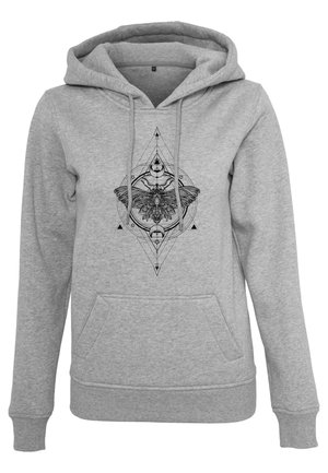 Grauer Kapuzenpullover mit einer Fronttasche, der ein schwarzes geometrisches und florales Design in der Mitte zeigt. Weicher Stoff und gerippte Bündchen.