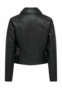 Veste en cuir noir, dotée d'un col classique, d'une finition texturée, d'une silhouette ajustée et de boucles sur les côtés pour un ajustement à la taille.