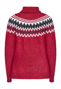 Rot gestrickter Pullover mit hohem Kragen, mehrfarbigen geometrischen Mustern in Weiß, Schwarz, Grün und Rot an der Passe sowie gerippten Bündchen und Saum.