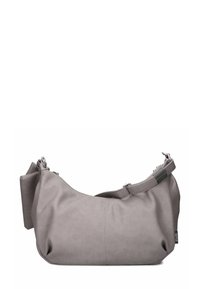 Borsa hobo grigia con una finitura morbida e testurizzata. Presenta un'ampia apertura, una forma curva, una tracolla regolabile e dettagli in metallo argentato.