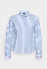 Camicia button-up azzurro chiaro con righe verticali bianche, colletto classico, maniche lunghe e polsini bottone, caratterizzata da una vestibilità su misura.