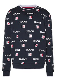 Marinblå sweatshirt i mjukt tyg, med upprepade vita "KANI"-texter och fyrkantiga logotyper i rött och vitt, med ribbat rundringning.