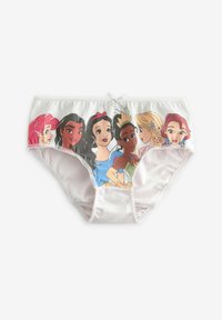 Mutande bianche in cotone con stampe colorate di vari personaggi delle principesse sulla parte frontale, rifinite con pizzo e un fiocco decorativo.