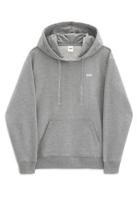 Sudadera gris de tejido suave con un bolsillo canguro frontal, cordones ajustables y un logo de Vans en blanco en el pecho.