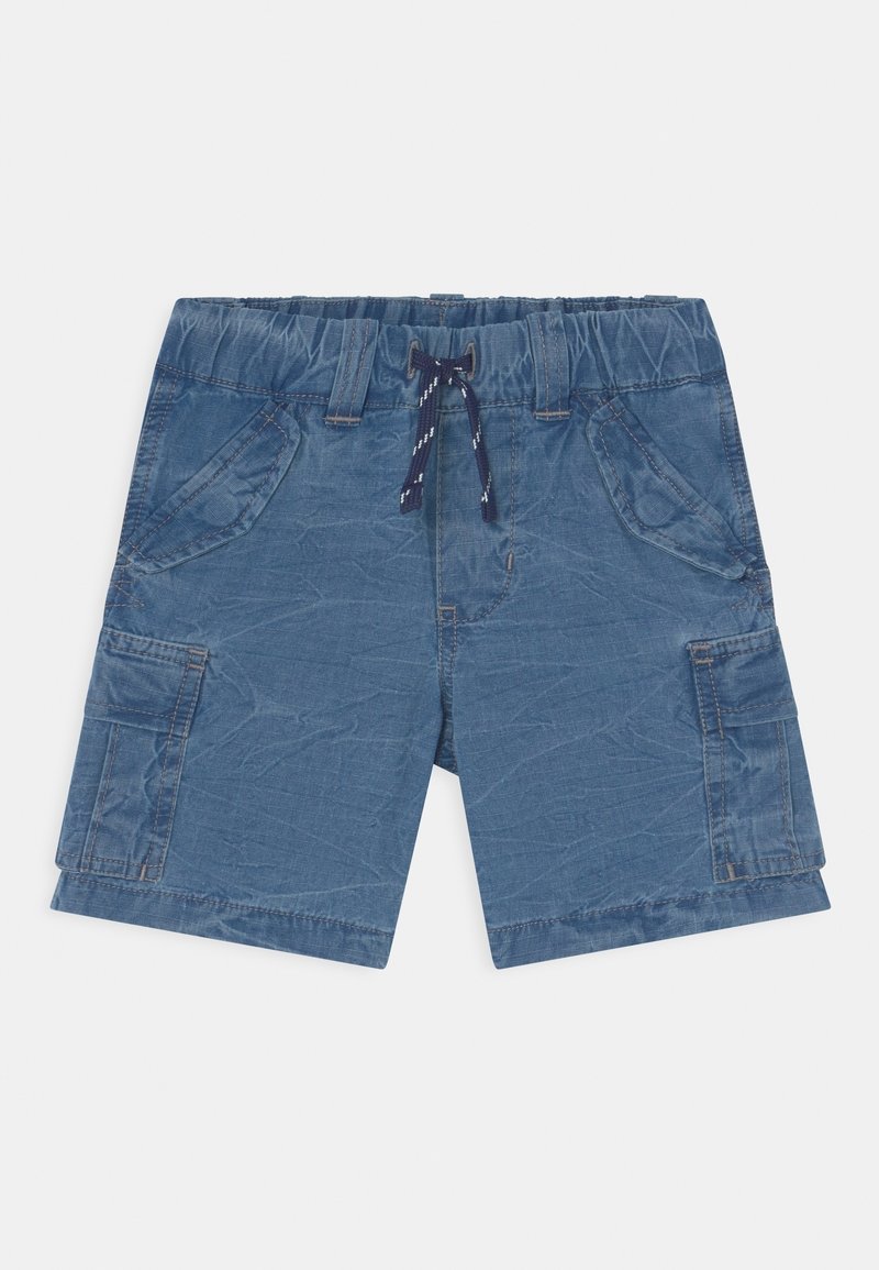 Modré cargo šortky s texturovaným povrchem, elastickým pasem a šňůrkou, s dvěma bočními kapsami a jednou cargo kapsou na noze.