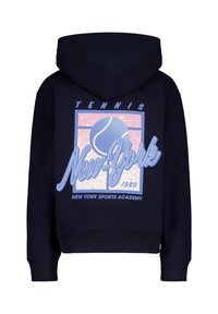 Tummansininen huppari, jossa on graafinen printti, jossa on tennispallo, "New-York" -teksti ja "New York Sports Academy" -yksityiskohta, tasaväri, pehmeä kangas.