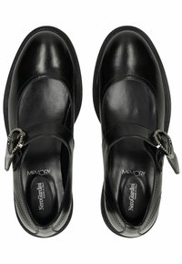 Scarpe Mary Jane nere in pelle con punta tonda, cinturino e fibbia decorativa, dotate di soletta in schiuma memory e superficie liscia.
