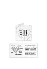 Weißes Zertifikat mit schwarzer geometrischer Diamantillustration und Text, das die Authentizität von Elli Premium Schmuck bestätigt. Gefaltetes, kompaktes Design.