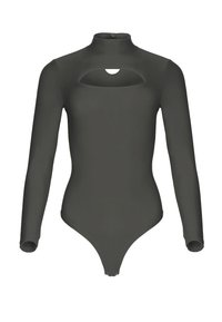 Długi rękaw, ciemnozielony bodysuit z wysokim kołnierzem i wycięciem z przodu, wykonany z gładkiego, elastycznego materiału.