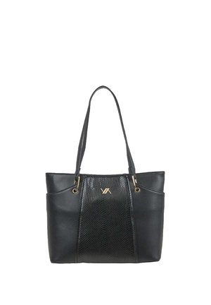 Bolso tote de cuero negro con panel central texturizado, emblema de logo dorado y dos asas para el hombro.