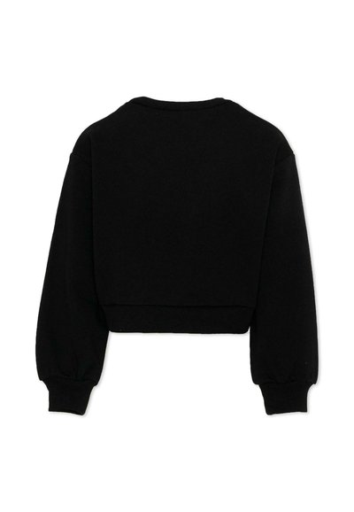 Sweat-shirt noir court à manches longues, poignets côtelés et encolure ras du cou, vu de dos.