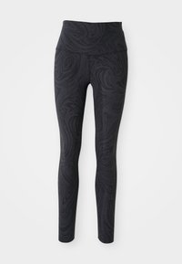 Schwarze Leggings mit hoher Taille, versehen mit einem strukturierten, wirbelnden Muster und einem glatten Material, das für Komfort und Flexibilität entworfen wurde.