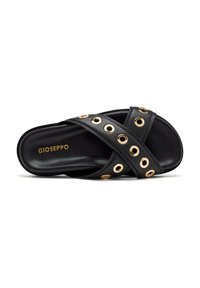 Infradito neri con cinturini incrociati arricchiti da dettagli in oro. Realizzati in materiale sintetico con una superficie liscia e suola imbottita.