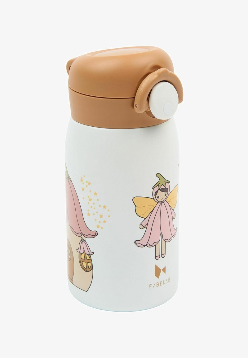 Thermosflasche mit einem braunen Deckel, einem weißen Körper, der mit rosa und grünen Feenillustrationen verziert ist, und einem Druckknopf-Auslauf für einfachen Zugang.