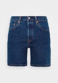 Dark blue denim shorts with a classic five-pocket design, a button closure, and gold stitching on the seams. Smooth texture, knee-length cut.