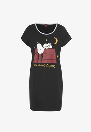 Black cotton nightdress featuring a graphic of a sleeping dog on a roof, with a crescent moon and stars. Short sleeves and relaxed fit.