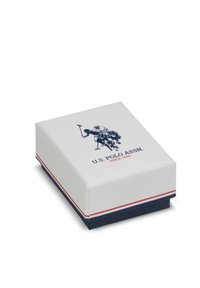 Scatola rettangolare bianca con logo di un giocatore di polo blu. Presenta accenti a strisce rosse e blu lungo il fondo. Realizzata in materiale resistente.