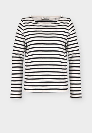 Valge pikkade varrukatega särk mustade horisontaalsete triipudega ja ümmarguse kaelusega, suurus large, kaubamärgi silt kaeluse sees.