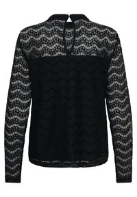 Blouse noire en dentelle à manches longues avec motifs floraux, dos et manches supérieurs transparents, et une petite ouverture en forme de goutte près de l'encolure.