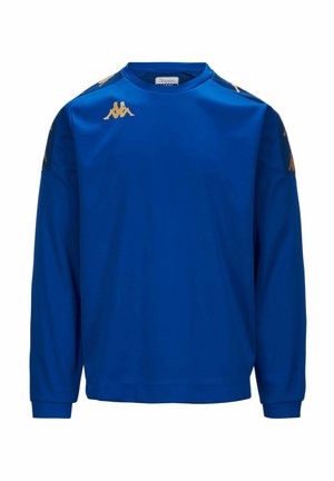 Sudadera azul de manga larga hecha de un tejido suave. Presenta un cuello redondo, puños de canalé y acentos dorados del logo en los hombros.