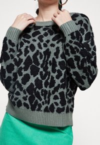 Grön stickad tröja med ett svart leopardsmönster. Ribbad mudd och nederkant, medelviktig struktur. Bärs över ett turkost plagg.