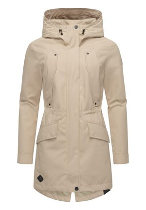 Veste extérieure beige avec capuche, dotée de deux poches avant, d'une fermeture éclair et de boutons-pression, et de détails de couture subtils sur les coutures.