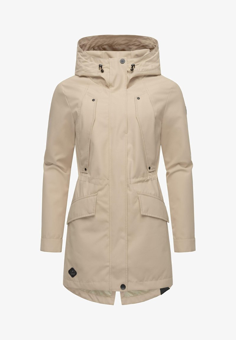 Beige buitenjack met een capuchon, met twee voorzakken, een rits- en drukknoopsluiting, en subtiele stikdetails langs de naden.